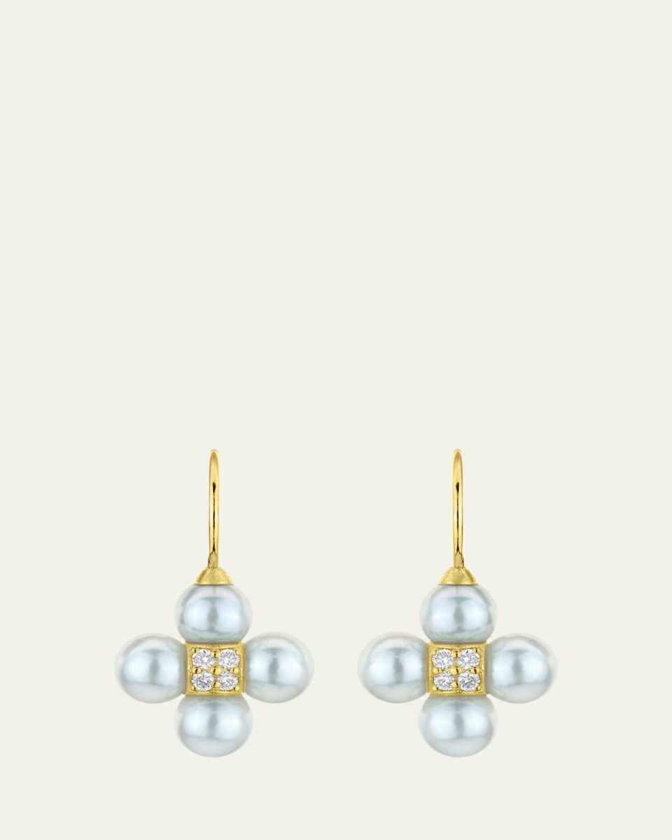 Sequence Pearl Earrings On A Wire with Diamonds in 18K Yellow Gold